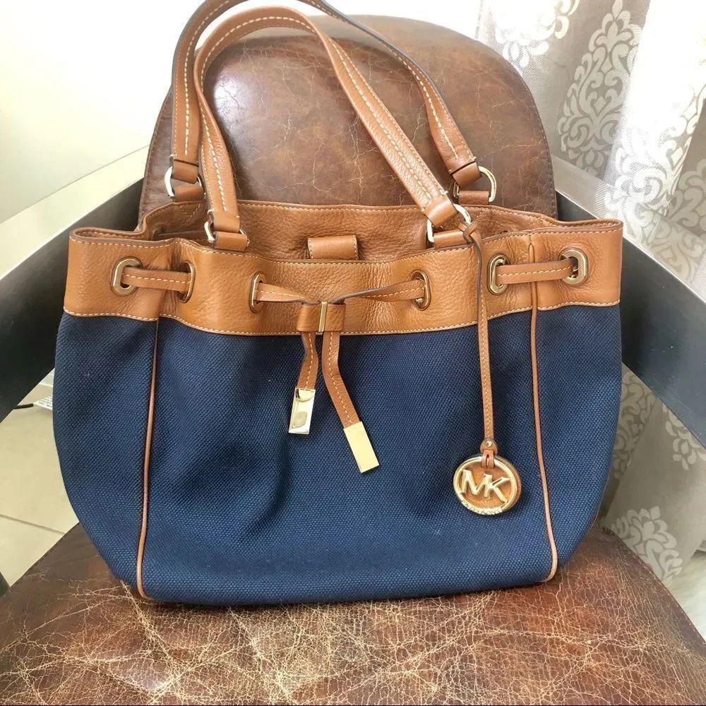 Michael Kors navy large canvas leather tote
